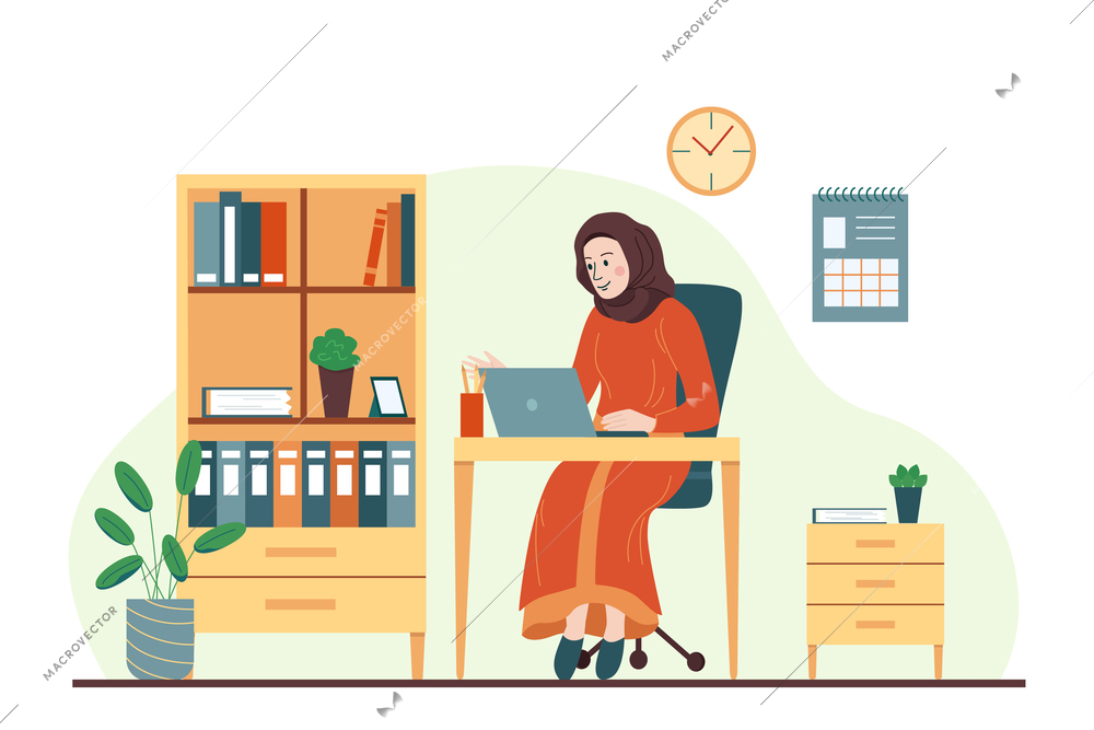 Hijab woman flat composition with indoor office scenery and muslim woman working at table with laptop vector illustration