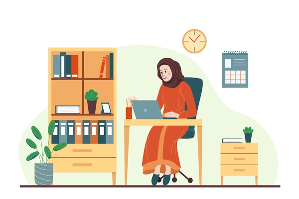 Hijab woman flat composition with indoor office scenery and muslim woman working at table with laptop vector illustration