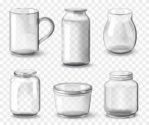 Realistic glass jars set with isolated images of transparent glossy vials of different size and shape vector illustration