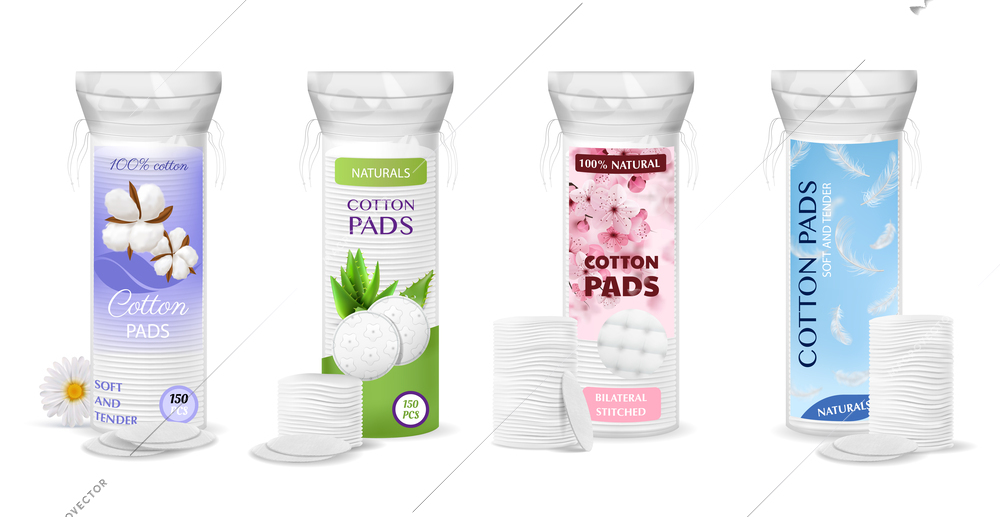 Realistic cosmetic cotton pads packaging icon set four packs of cotton pads of various brands and labels vector illustration