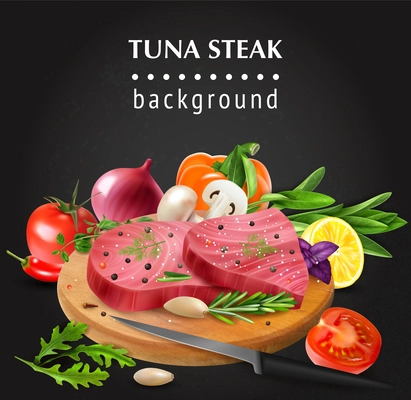 Realistic tuna steak on chalkboard background with editable text and view of carving board with vegetables vector illustration