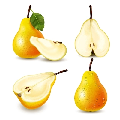 Realistic set of fresh ripe yellow pears isolated on white background vector illustration