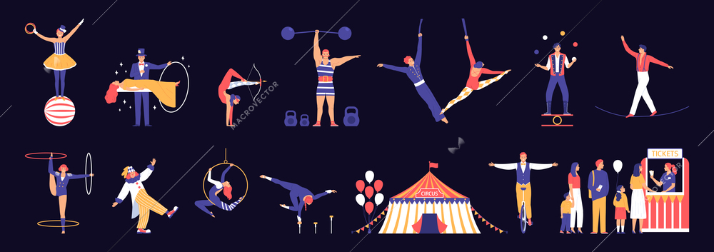 Circus flat icons set with tent and funfair performets isolated vector illustration