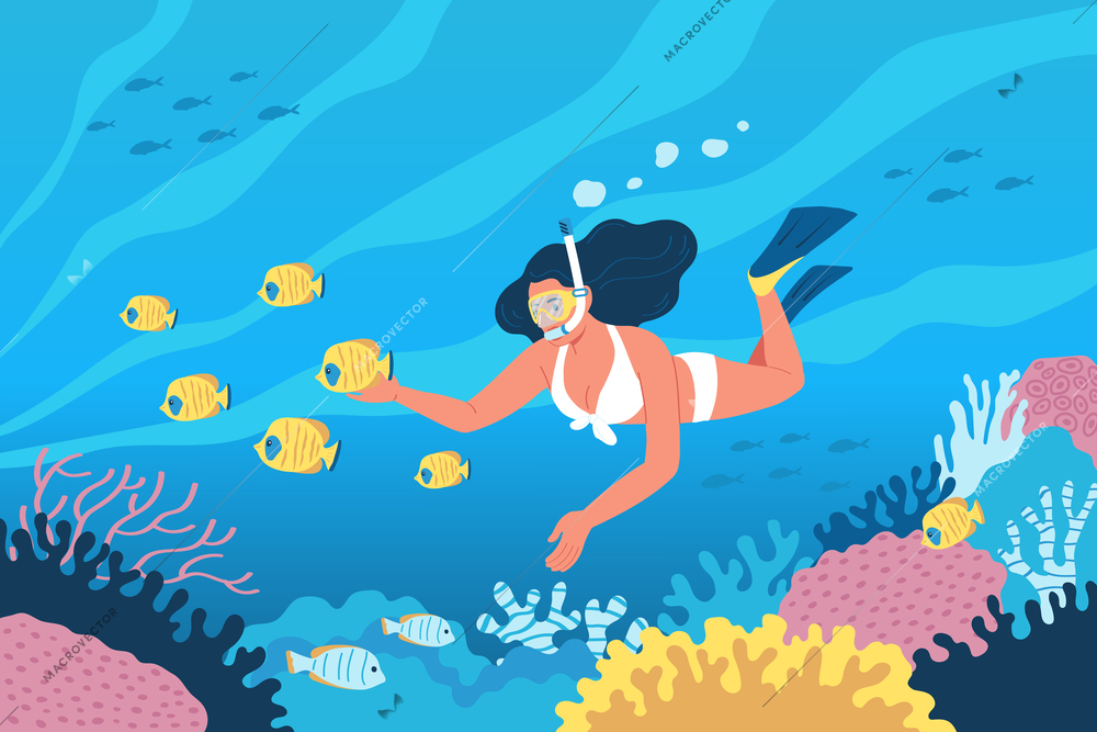 Diving flat concept with woman swimming in coral reefs vector illustration