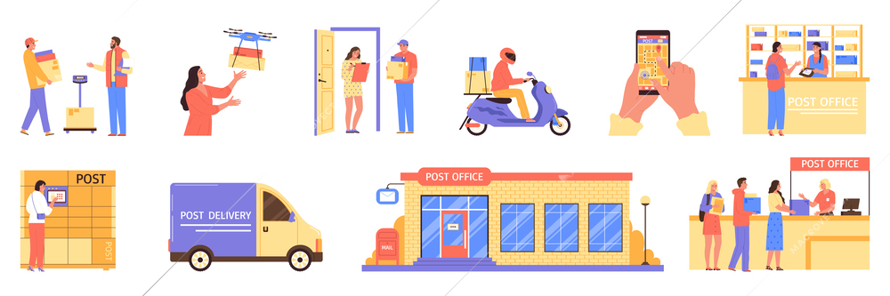 Post office and delivery flat icons set with modern mail system scenes isolated vector illustration