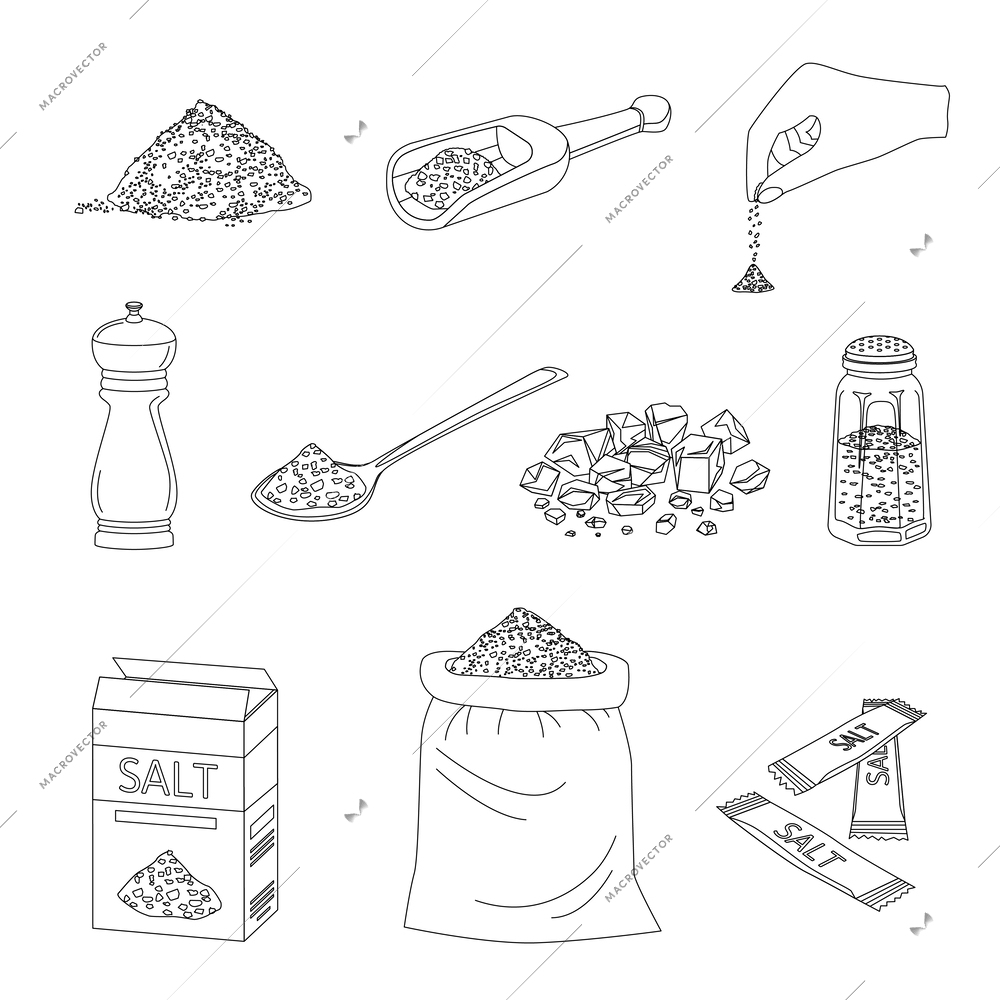 Sea salt set with flat monochrome images of salt packaging and serving with saltcellar and sack vector illustration