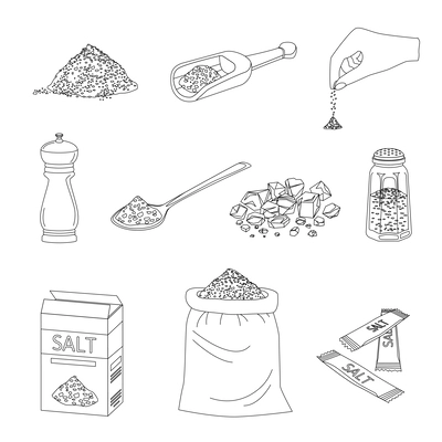 Sea salt set with flat monochrome images of salt packaging and serving with saltcellar and sack vector illustration