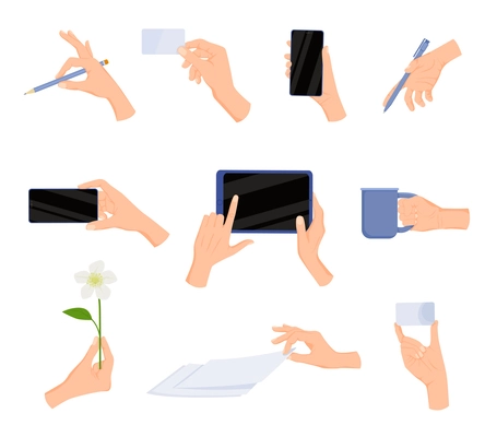 Human hands gestures flat set with isolated icons of human hands flexing fingers holding different objects vector illustration