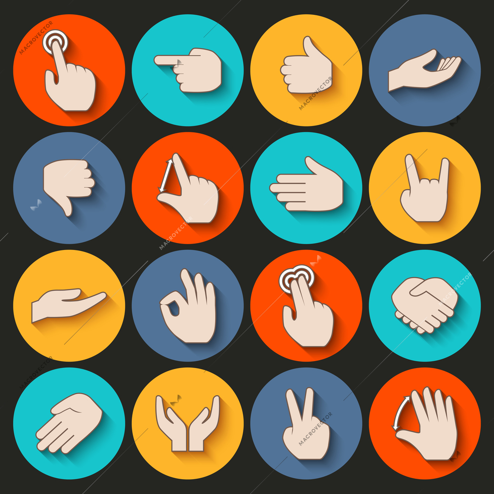 Human hands pointing holding showing gestures icons set isolated vector illustration