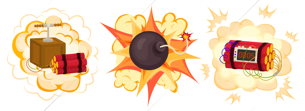 Dynamite bomb flat set of three isolated icons with detonating demolition explosives and clouds of smoke vector illustration