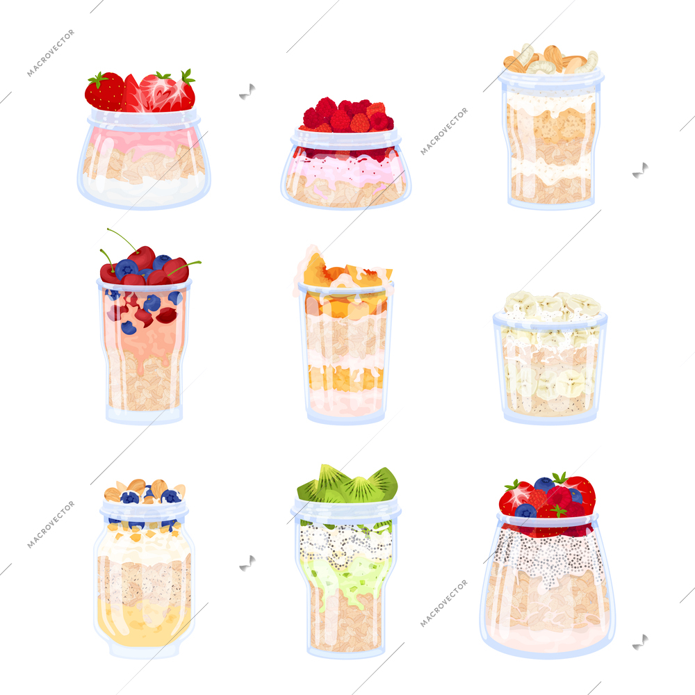 Overnight oats muesli pudding recipes flat set with nine isolated icons of porridge cocktails in glasses vector illustration