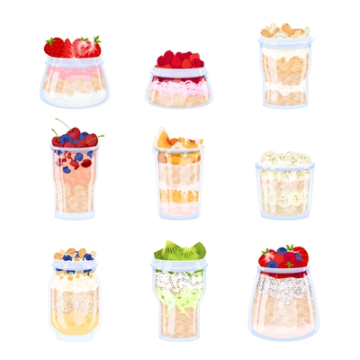 Overnight oats muesli pudding recipes flat set with nine isolated icons of porridge cocktails in glasses vector illustration