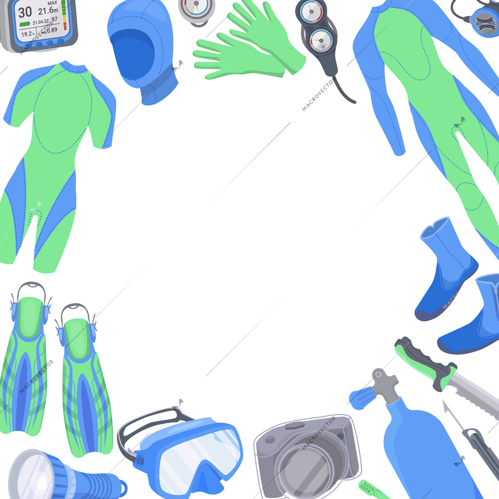 Composition with empty circle space surrounded with set of diving equipment flat icons on blank background vector illustration