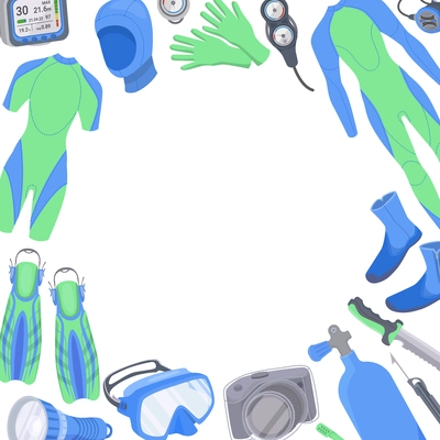 Composition with empty circle space surrounded with set of diving equipment flat icons on blank background vector illustration