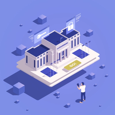Digital government isometric concept with tablet and governmental building vector illustration