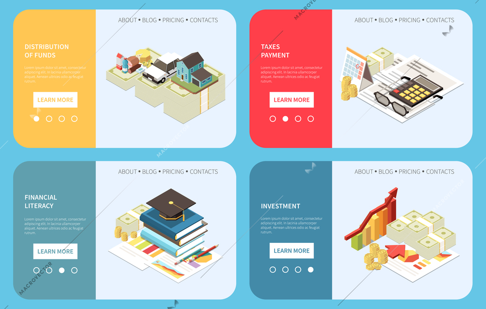 Isometric set of four horizontal financial literacy and budget planning banners with investment chart taxes payment expenses 3d isolated vector illustration