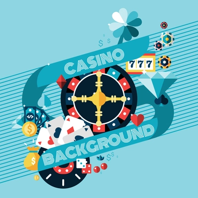 Casino gambling game of fortune background with roulette wheel and chips vector illustration