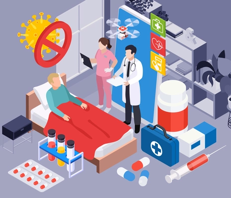 Online services isometric background with diseased man lying in bed at home and medical staff providing treatment remotely with smartphone vector illustration