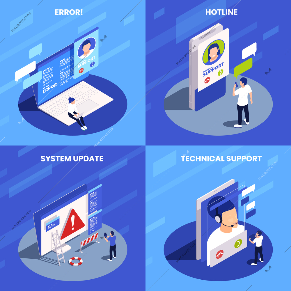 Technical support call centre hotline isometric 2x2 design concept with system error update and customers communicating with operators isolated vector illustration
