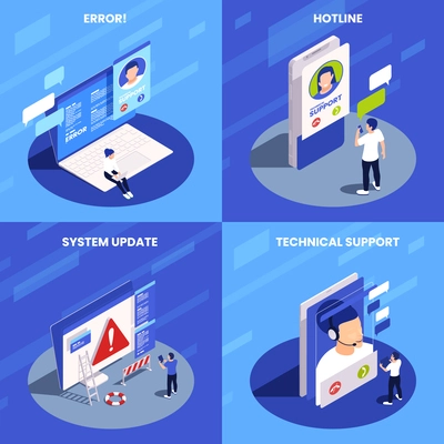 Technical support call centre hotline isometric 2x2 design concept with system error update and customers communicating with operators isolated vector illustration