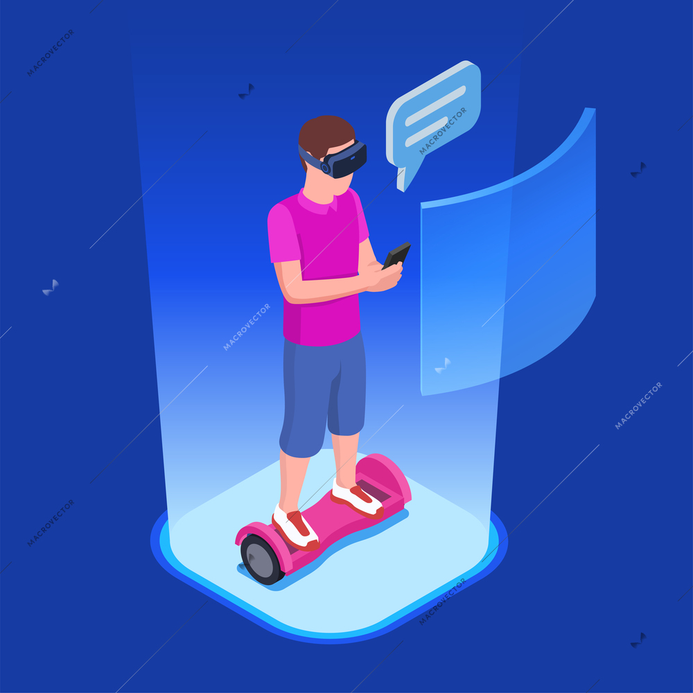 Generation z isometric infographic composition with guy on segway board in vr glasses with chat bubble vector illustration