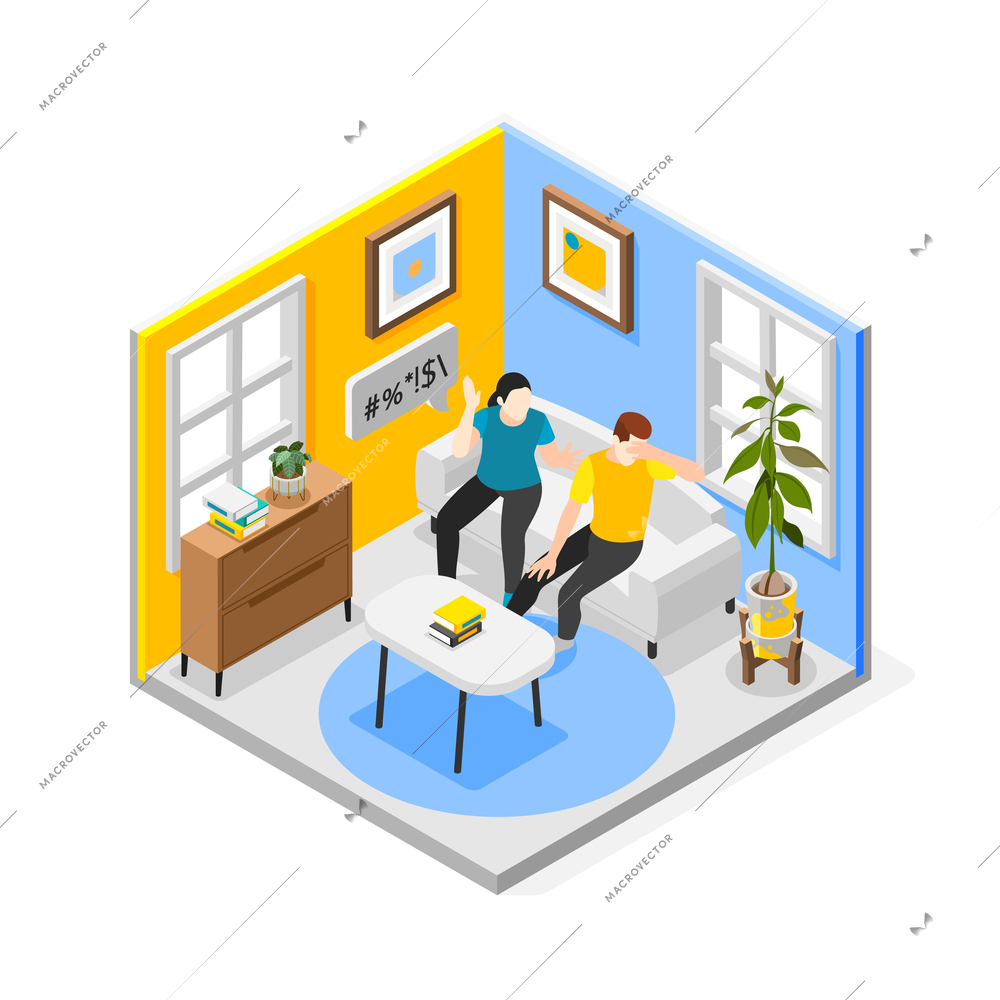 Domestic violence isometric composition with argument symbols vector illustration