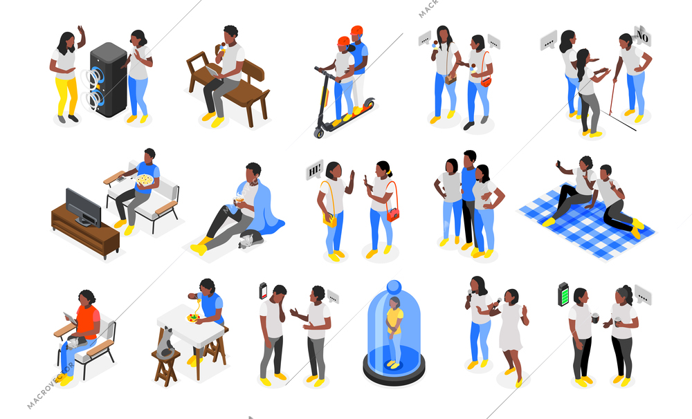 Introvert and extrovert people isometric recolor set with joint and alone symbols isolated  vector illustration