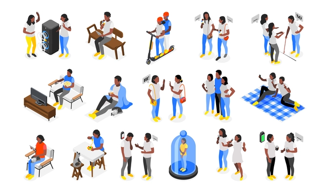 Introvert and extrovert people isometric recolor set with joint and alone symbols isolated  vector illustration