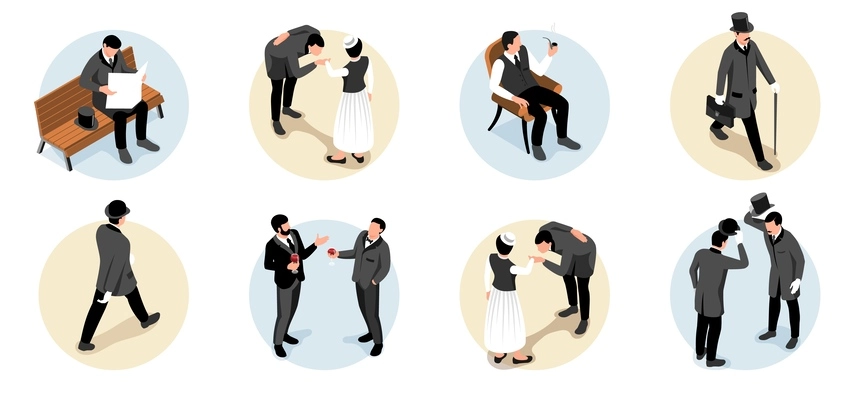 Isometric gentleman set of isolated circle compositions with polite people wearing vintage costumes kissing womans hand vector illustration