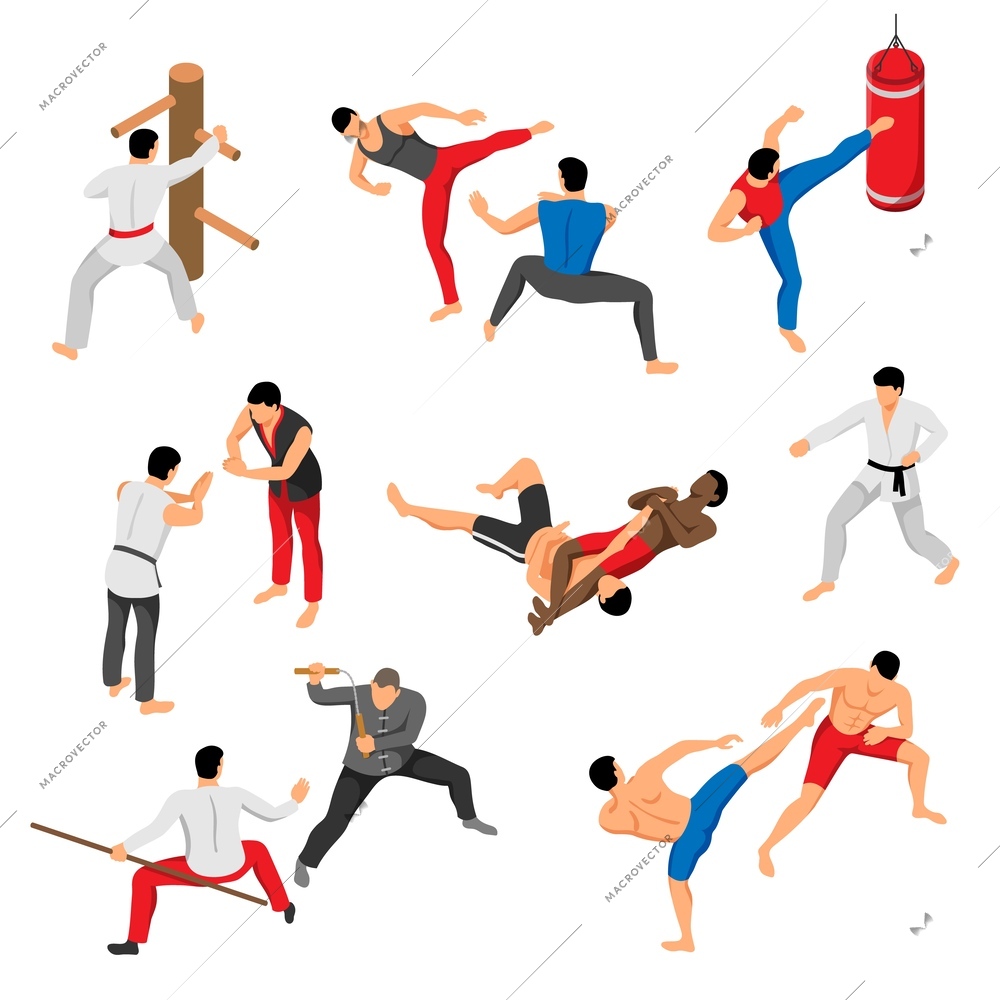 Isometric martial arts set with isolated characters of fighting men wearing traditional costumes on blank background vector illustration