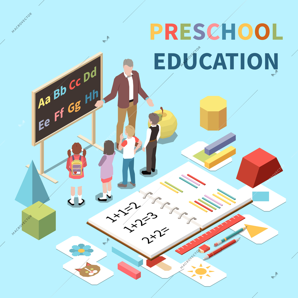 Preschool education isometric composition with various tools for lessons and little kids learning alphabet 3d vector illustration