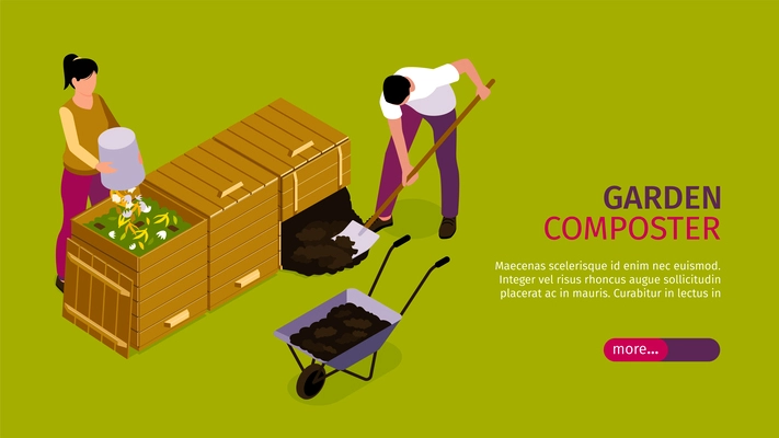 Garden composter horizontal banner as illustration of homemade fertilizer for farm work isometric vector illustration