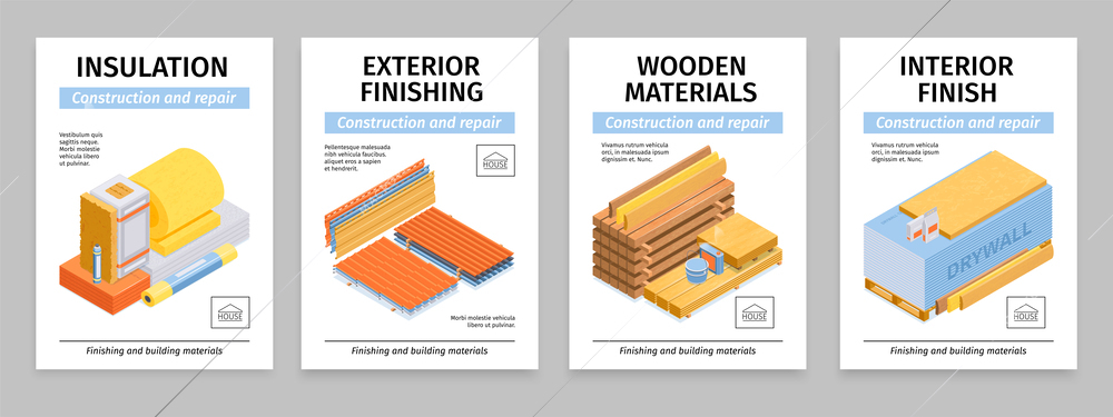 Isometric construction materials banners poster set with insulation exterior finishing wooden materials interior finish construction and repair headlines vector illustration