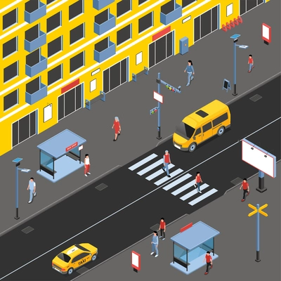 Isometric city people composition normal day in the city people go about their business and cars drive on the roads vector illustration