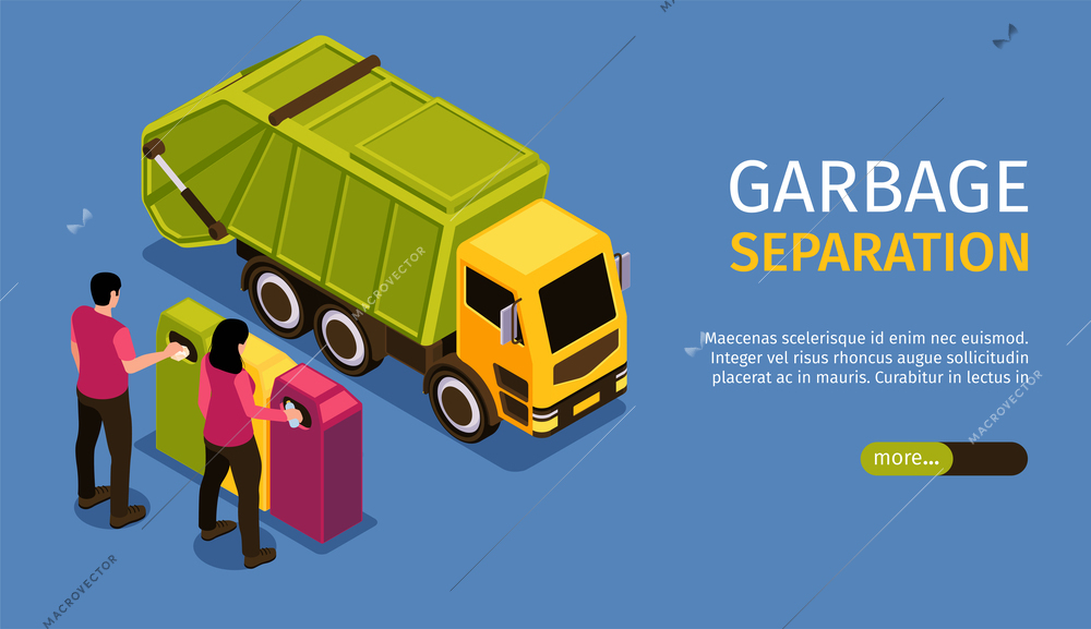 Isometric colored garbage recycling horizontal banner with garbage separation headline and more green button vector illustration