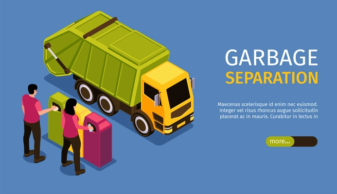 Isometric colored garbage recycling horizontal banner with garbage separation headline and more green button vector illustration