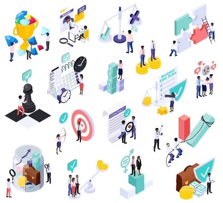 Business ethics set with isolated icons and isometric human characters with thought bubbles and organizer elements vector illustration