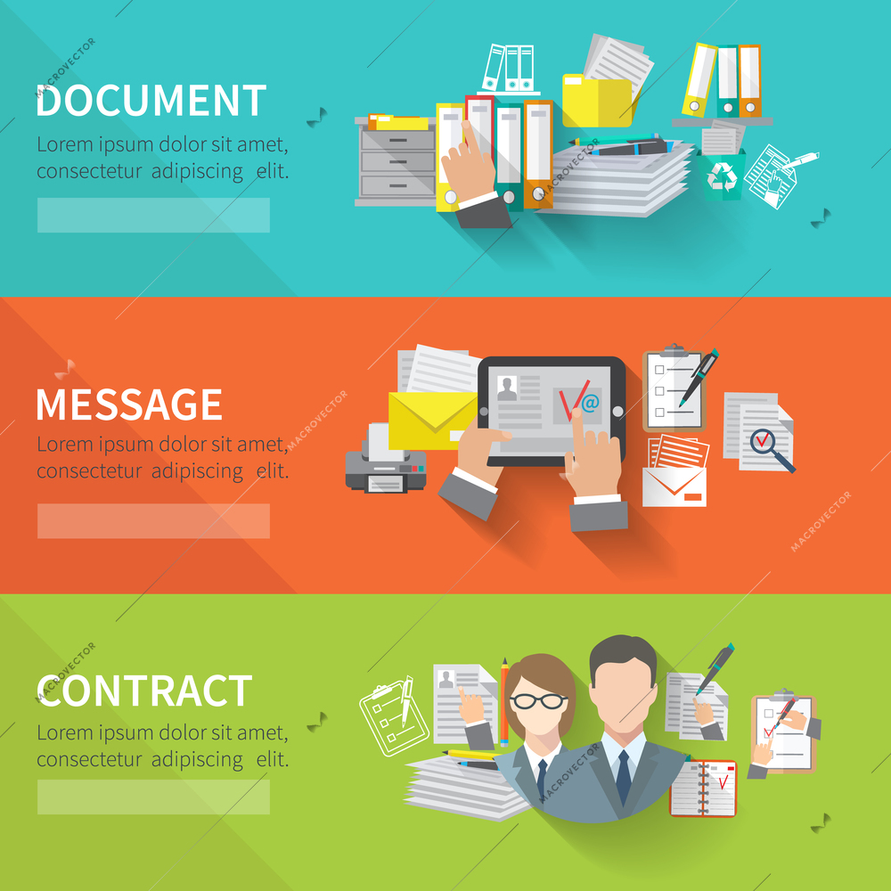 Document flat horizontal banner set with message contract elements isolated vector illustration