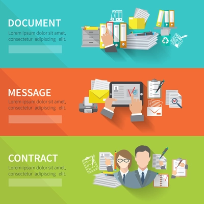 Document flat horizontal banner set with message contract elements isolated vector illustration