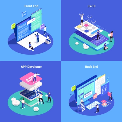 IT professions isometric concept icons set with developer and back end symbols isolated vector illustration