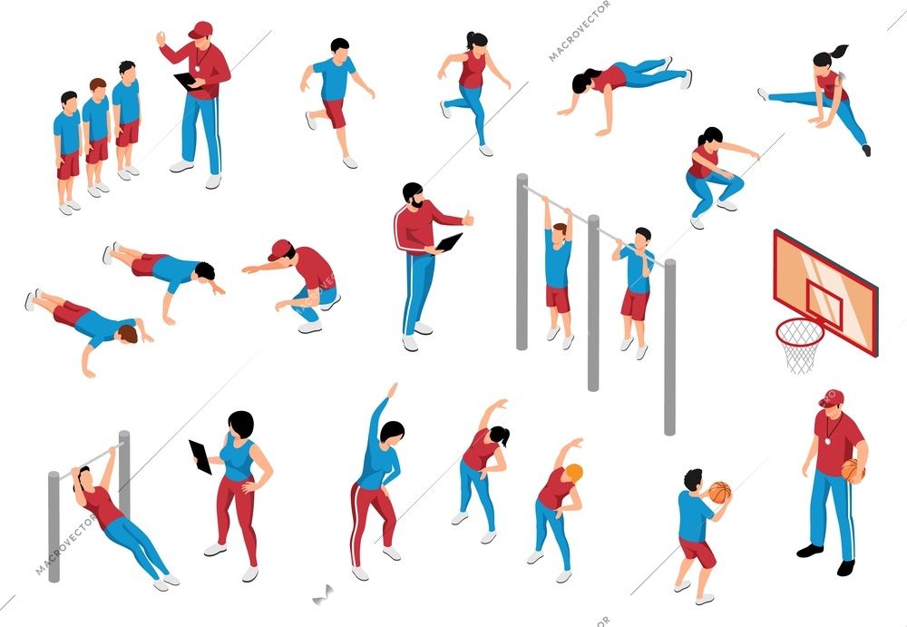 Isometric set of teachers and students in school physical education lesson doing various exercises isolated 3d vector illustration