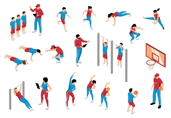 Isometric set of teachers and students in school physical education lesson doing various exercises isolated 3d vector illustration