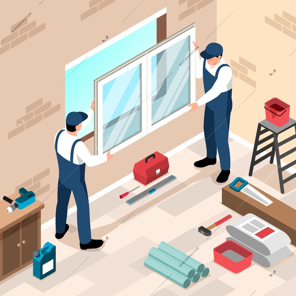 Two workers with construction tools installing new plastic windows in house 3d isometric vector illustration