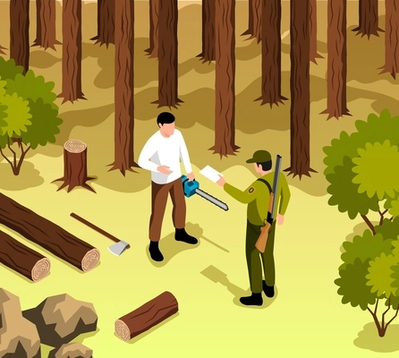 Isometric forester concept with tree cut protection vector illustration