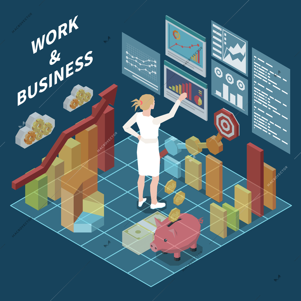 Work and business in metaverse isometric concept with woman surrounded by virtual charts and screens 3d vector illustration