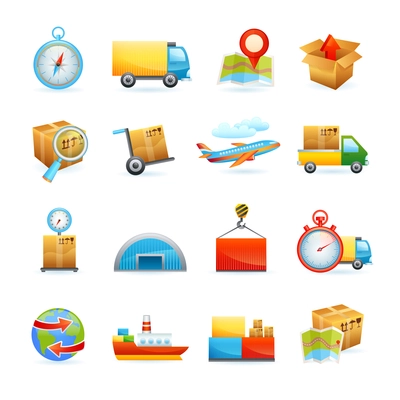 Global freight transportation logistics flat icons set with cargo vessel containers delivery service abstract isolated vector illustration