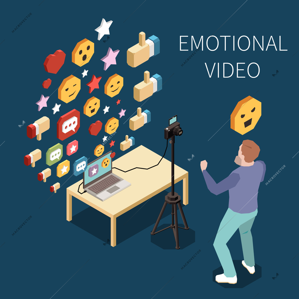 Social media influencer opinion leader concept with various emoji reactions and blogger shooting video 3d isometric vector illustration