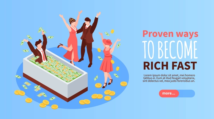Rich people isometric composition with happy women and man in bath full of cash money vector illustration