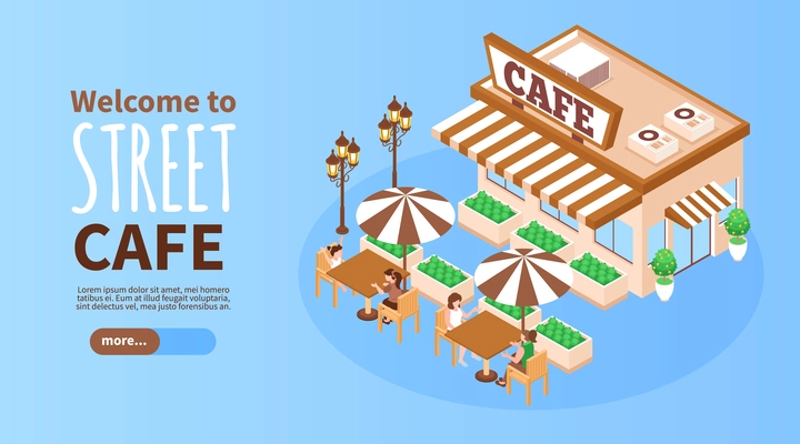 Isometric street cafe with food and coffee horizontal banner vector illustration