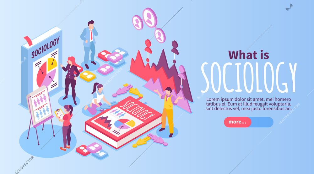 Isometric sociology horizontal banner with science book and statistic charts vector illustration